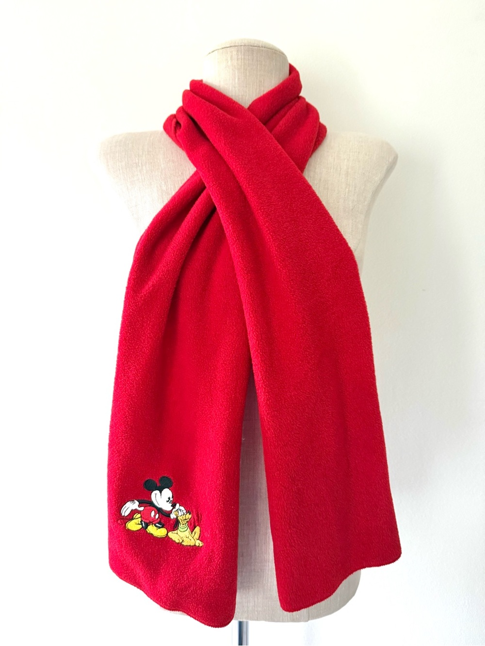 Disney Store Red Fleece Mickey Mouse Pluto Winter Scarf Unisex 90s Vintage Cozy